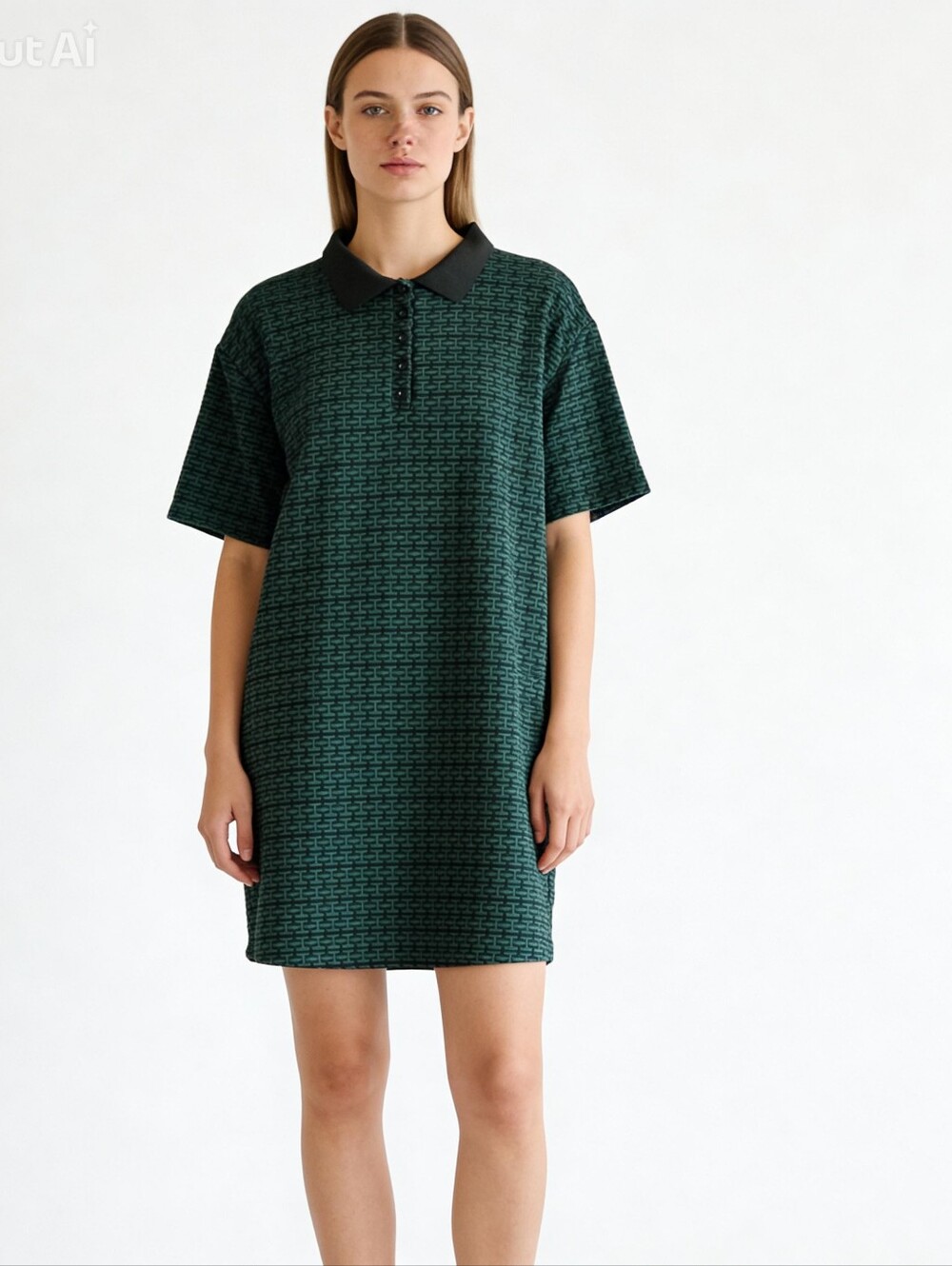 ZARA Womens Tunic Shirt Dress Green Black Knit Stretch Brocade MEDIUM